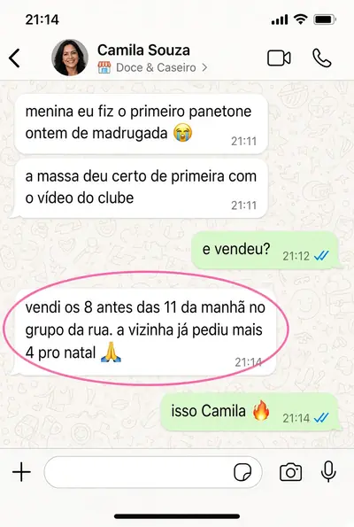 Print de conversa no WhatsApp da aluna Camila